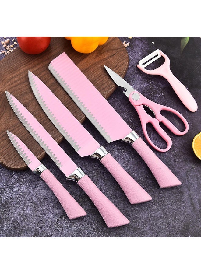 Kitchen Knife Set – Stainless Steel Blades with Pink Handles, Chef Knife, Scissor & Peeler, Multipurpose Cutlery - Image 4